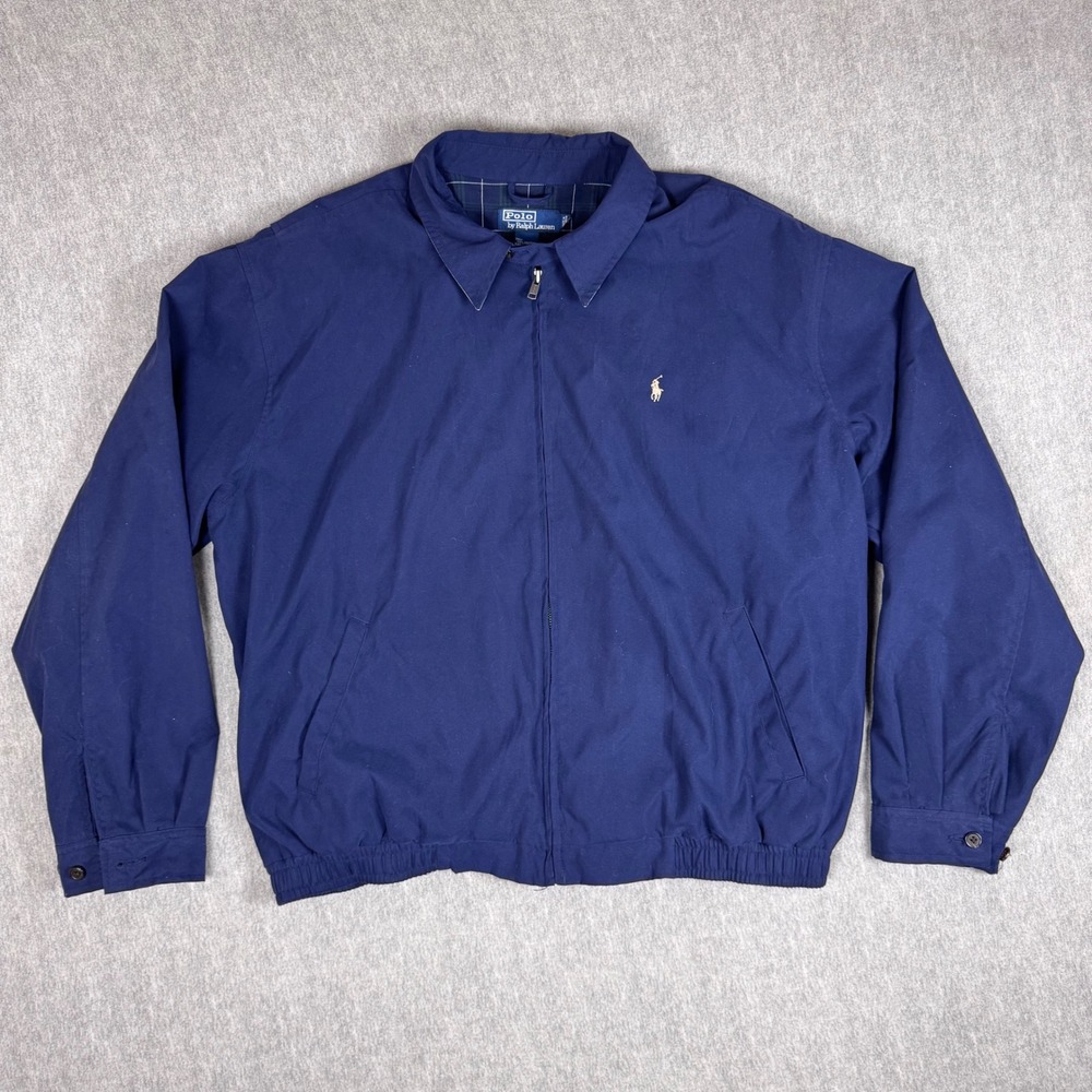 POLO RALPH LAUREN Mens XL Navy Blue Harrington Jacket Plaid Lined Windbreaker